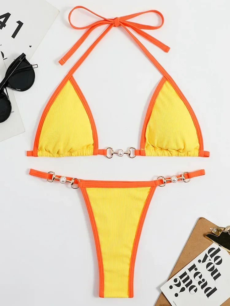 Bikini sexy con cuello halter y perlas para mujer, traje de baño femenino de dos piezas con ribete acanalado
