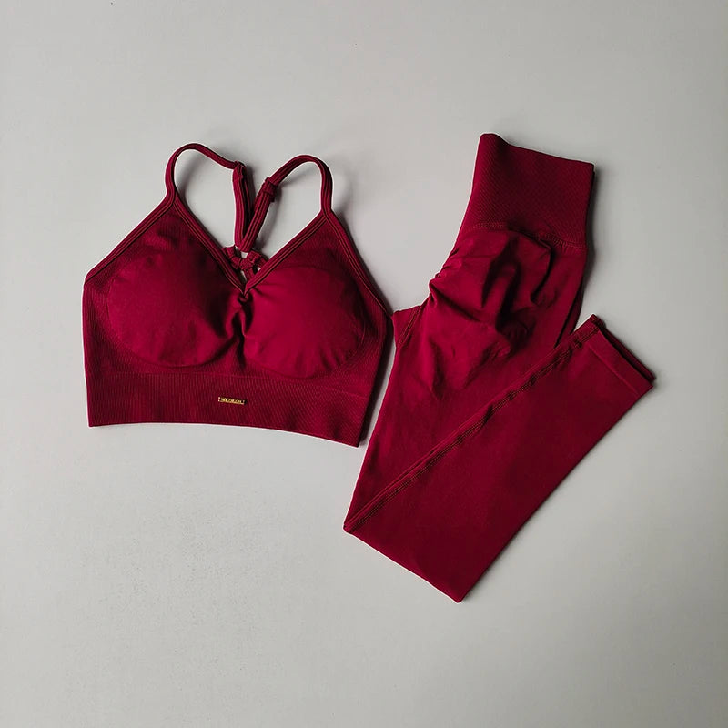 Traje de yoga sin costuras para levantamiento de cadera, sujetador deportivo para mujer, traje de yoga de secado rápido, leggings ajustados con alto contenido de grasa para gimnasio.