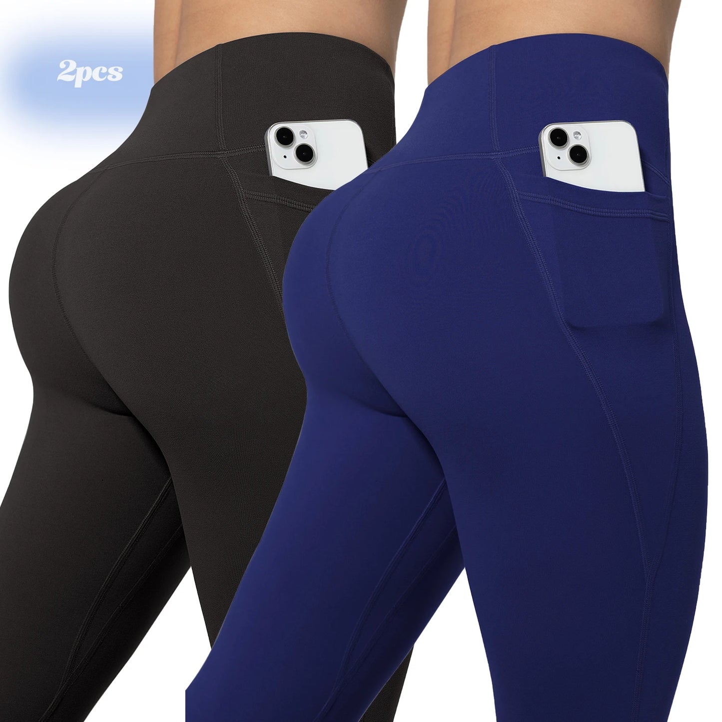 Leggings de yoga para mujer, 2 unidades, con bolsillos, color liso, para gimnasio, actividades al aire libre, cintura alta, ajustados, pantalones deportivos para correr.
