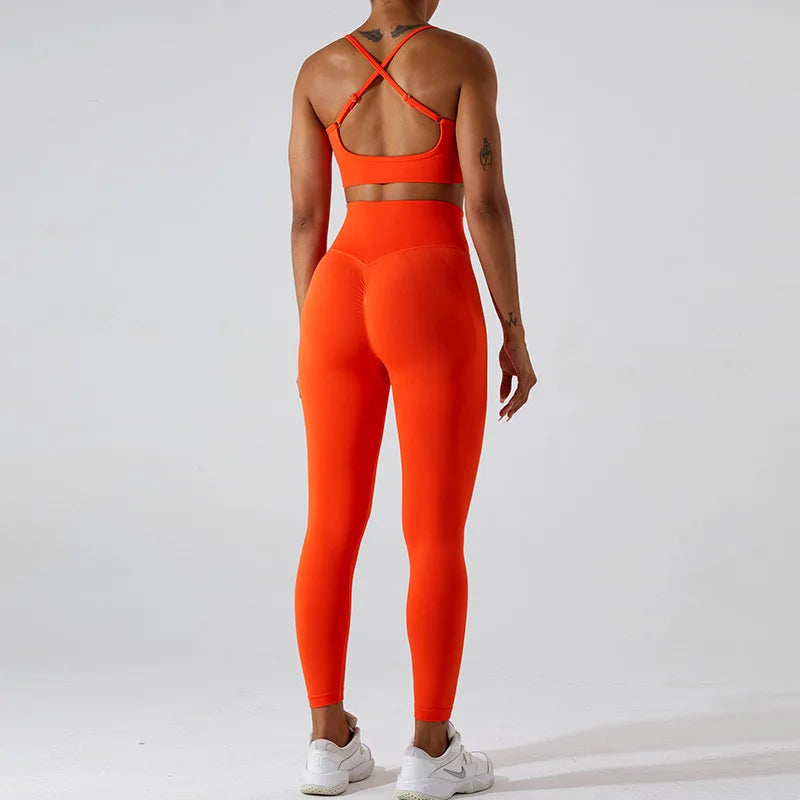 Conjunto de yoga de dos piezas para mujer, sujetador deportivo con espalda cruzada de color liso, top color miel melocotón, leggings de secado rápido para realce de cadera, traje deportivo de fitness