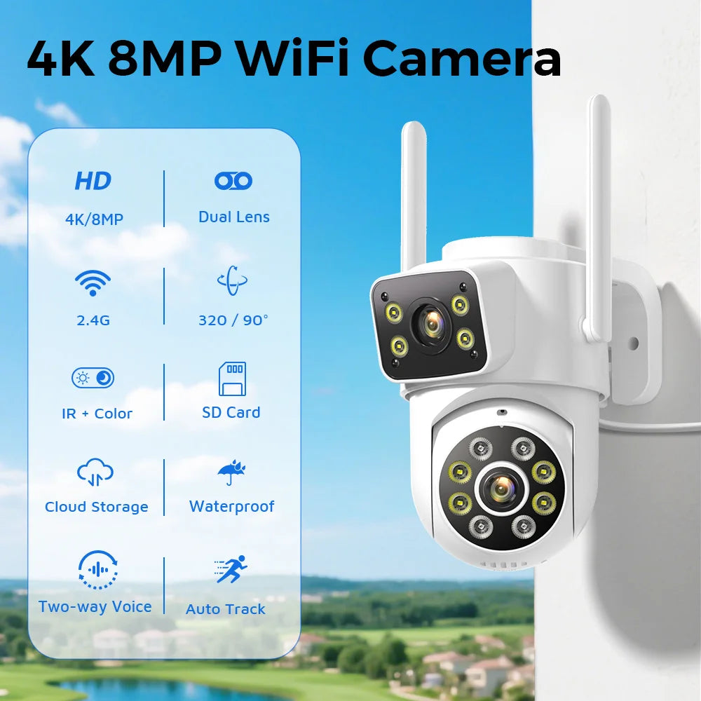 Cámara WiFi de 8 MP, PTZ, doble pantalla, seguimiento automático, visión nocturna, CCTV, cámara de seguridad para exteriores, IP de 4 MP, icsee