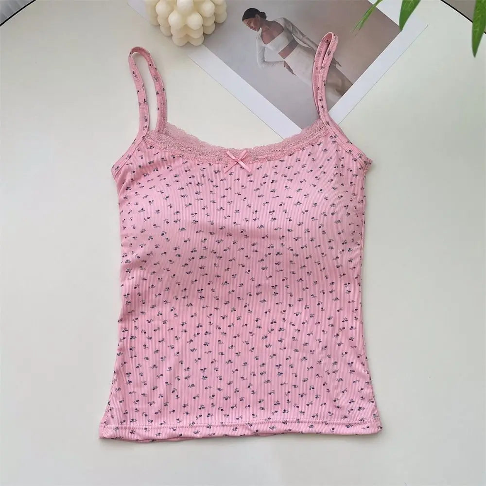 Camisola elegante con estampado floral de encaje 2024 Y2K, chaleco sexy ajustado, tops florales, talla única, camisetas sin mangas florales, primavera