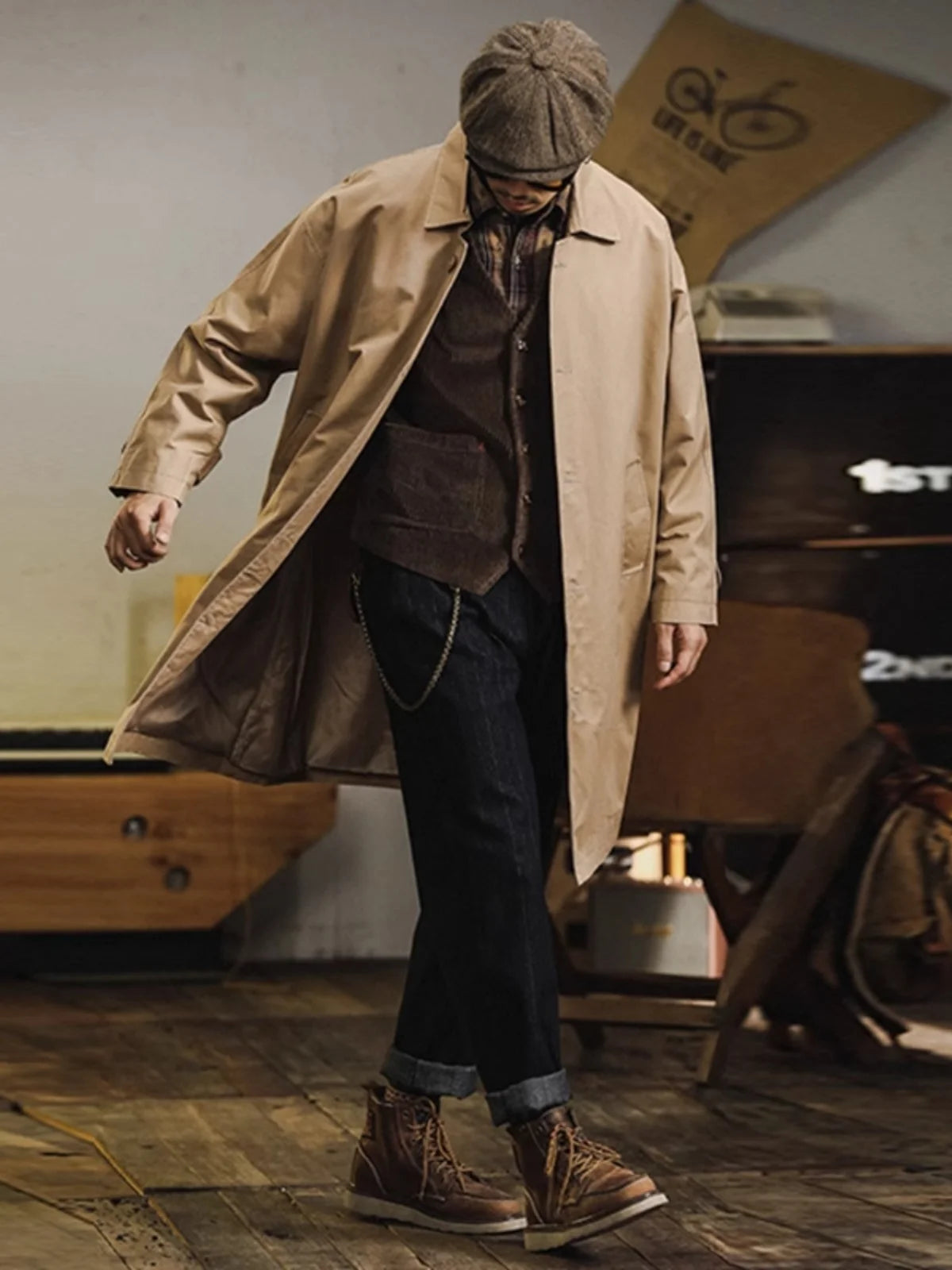 Retro American Sle Men's Long Coat Cotton Casual Faion Urban Youth Pure Color Button up Loose Fit Autumn Winter Coat