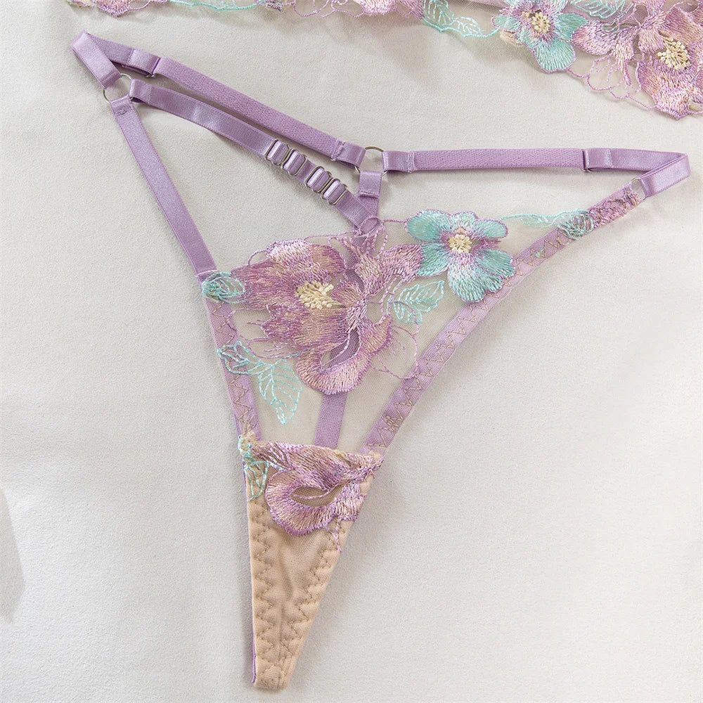 Conjuntos de lencería sexy con bordado floral para mujer, conjunto de sujetador y tanga de encaje transparente, conjuntos sensuales y delicados, ropa de juego para parejas