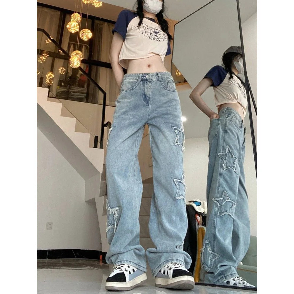 Pantalones vaqueros de calle estilo retro americano para mujer, primavera y otoño, nuevo diseño, bordados, cintura alta, finos, pierna ancha, tendencia