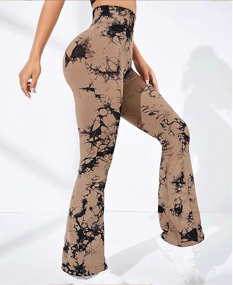 Women Tie Dye Flared Pants Knit Seamless Leggings High Waist Butt Lift Fitness Pants Gym Yoga Cycling Slim Fashion Flared Pants