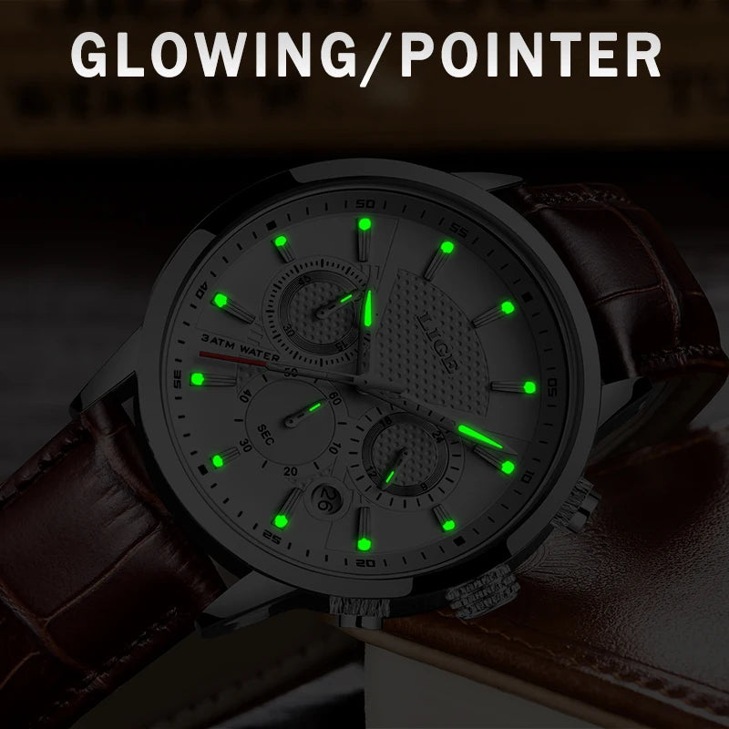 LIGE 2024 Reloj de lujo para hombre, reloj de cuarzo informal de negocios, reloj de pulsera de cuero a la moda para hombre, reloj impermeable para hombre