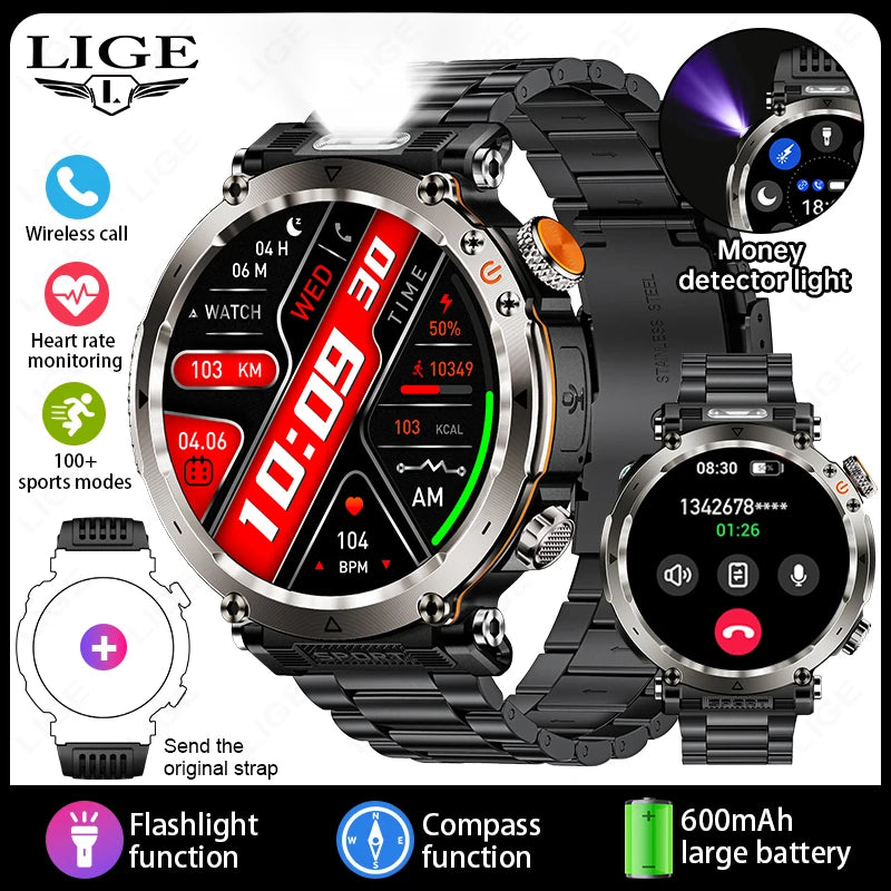Reloj inteligente para hombre, nuevo, con batería de 600 mAh, control de la temperatura, el oxígeno en sangre, la salud, brújula, IP68, resistente al agua, linterna LED