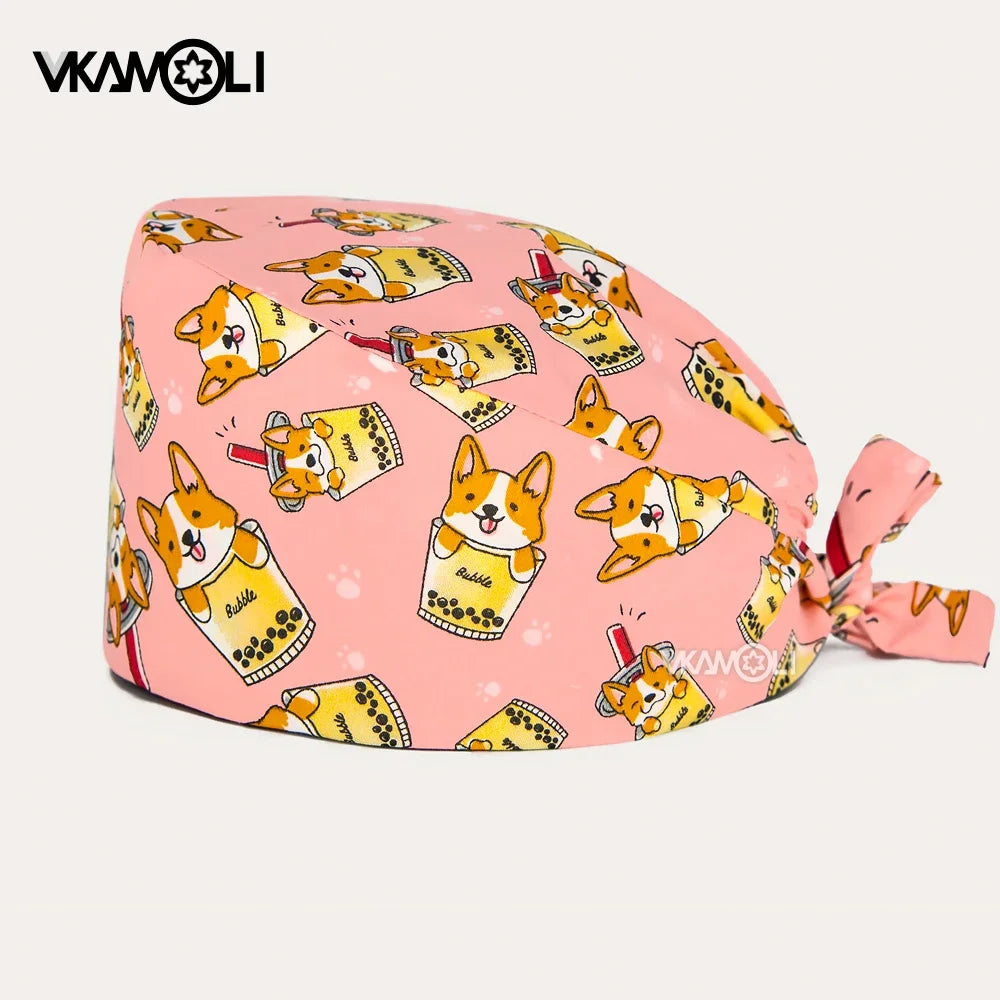 Gorro quirúrgico de algodón con estampado de dibujos animados multicolor para peluquería de mascotas, ajustable, para salón de belleza, enfermería, médico y enfermera.
