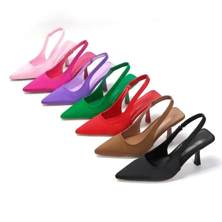 2024 Primavera Verano Nuevo Estilo Punta Puntiaguda Tacón Fino Tacón Alto Zapatos Sencillos Espalda Espacio Bolsa Cabeza Zapatos Frescos Falda De Mujer Tacón Alto
