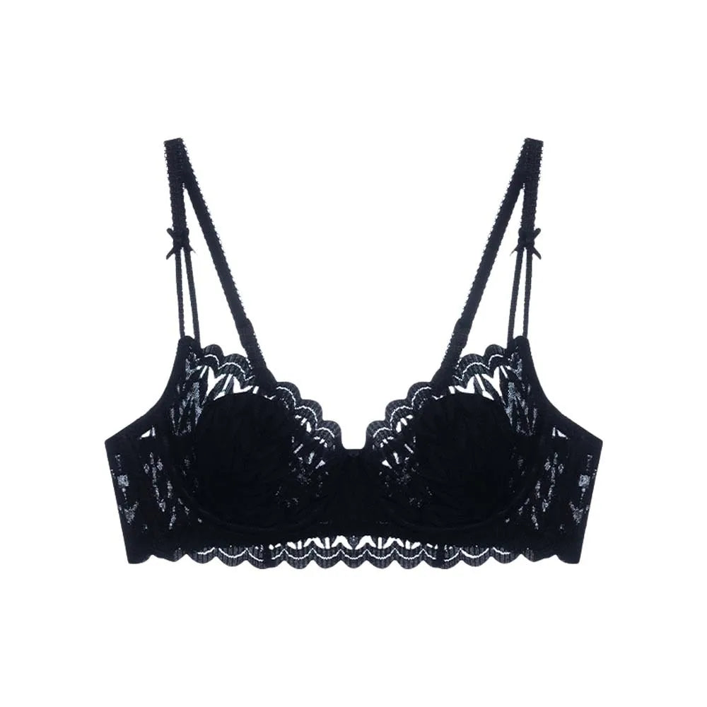 Sujetador de encaje con escote en V profundo y tirantes de lazo, con aro de acero suave, a prueba de golpes, para mujer, con pechos fruncidos, ropa interior push up antiflacidez.