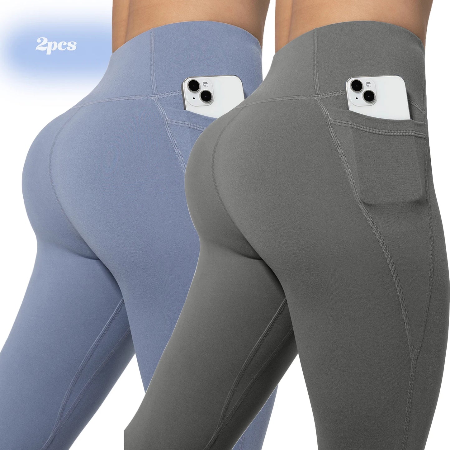 Leggings de yoga para mujer, 2 unidades, con bolsillos, color liso, para gimnasio, actividades al aire libre, cintura alta, ajustados, pantalones deportivos para correr.