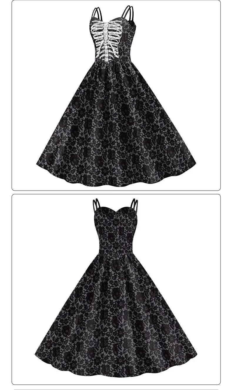 Halloween Costume Skeleton Rose Print Women Girl Female Goth Horror Rockabilly Carnival Fancy Dress Up Party Performance