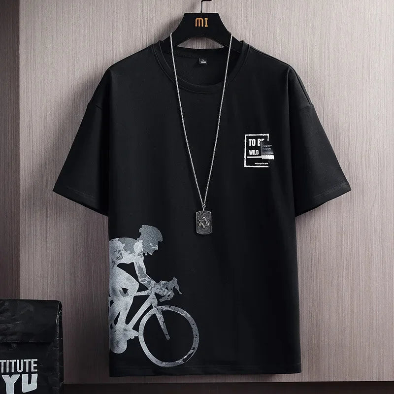 Conjunto deportivo de dos piezas para hombre, camiseta de manga corta a la moda, estilo veraniego, con estampado de montañas nevadas, corte entallado, versión coreana