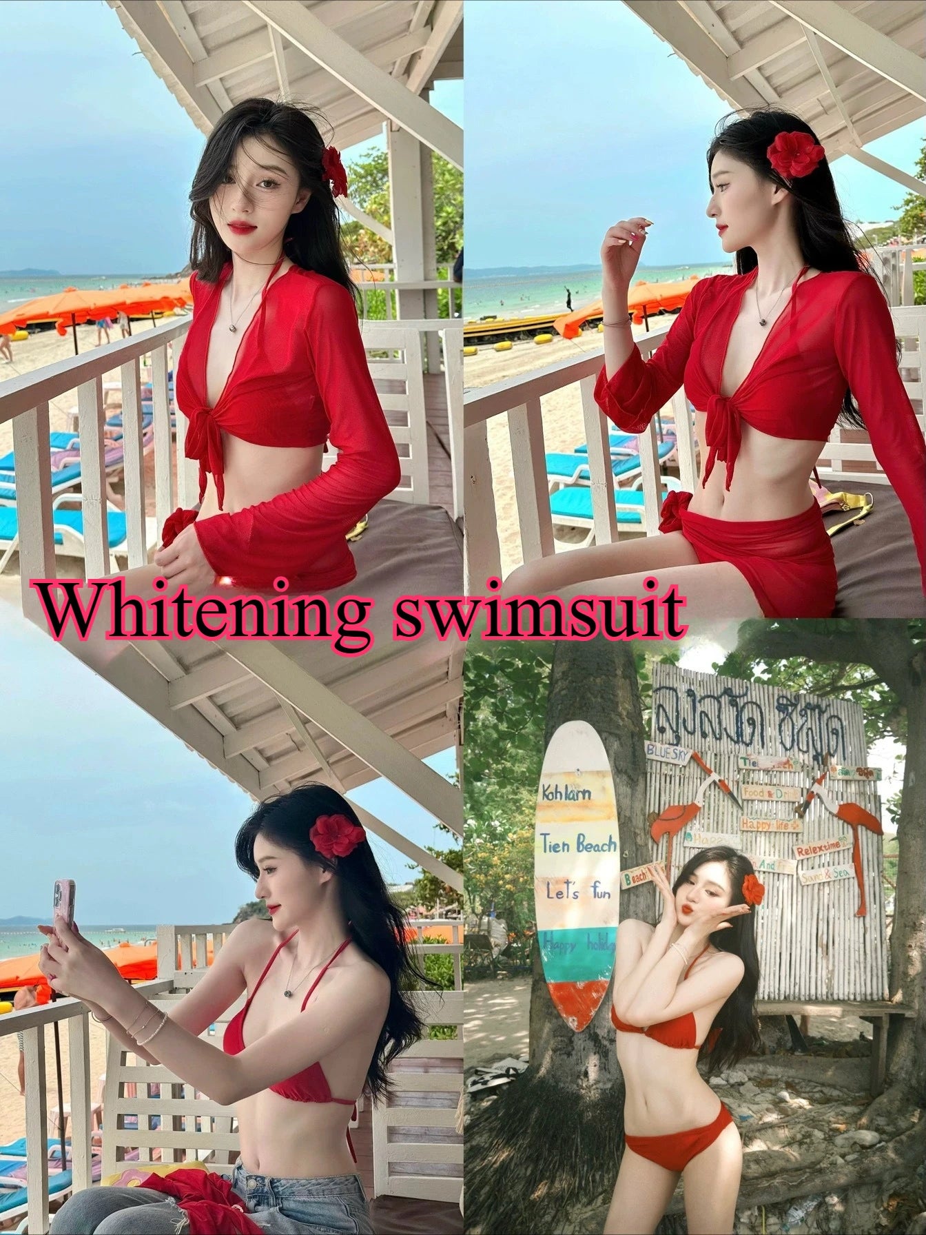 Women's Red Bali Four-Piece Bikini Set Slimming Cover-Up Swimwear Solid Flattering Two-Piece Vacation Beachwear Swimsuit