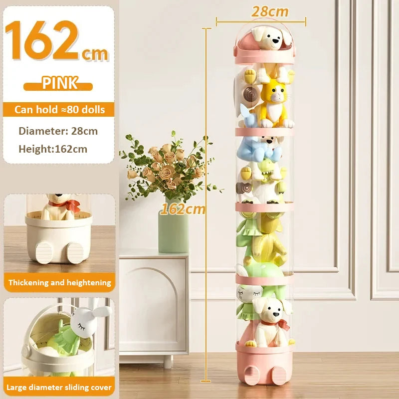 Caja de almacenamiento para muñecas, organizador de juguetes, tubo de almacenamiento de peluche, barril de plástico transparente para juguetes de niños.