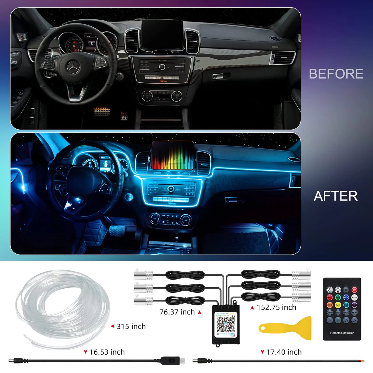 Tira de luces LED para ambiente interior de coche, RGB, fibra óptica, iluminación de neón con control remoto por aplicación, lámparas decorativas para coche