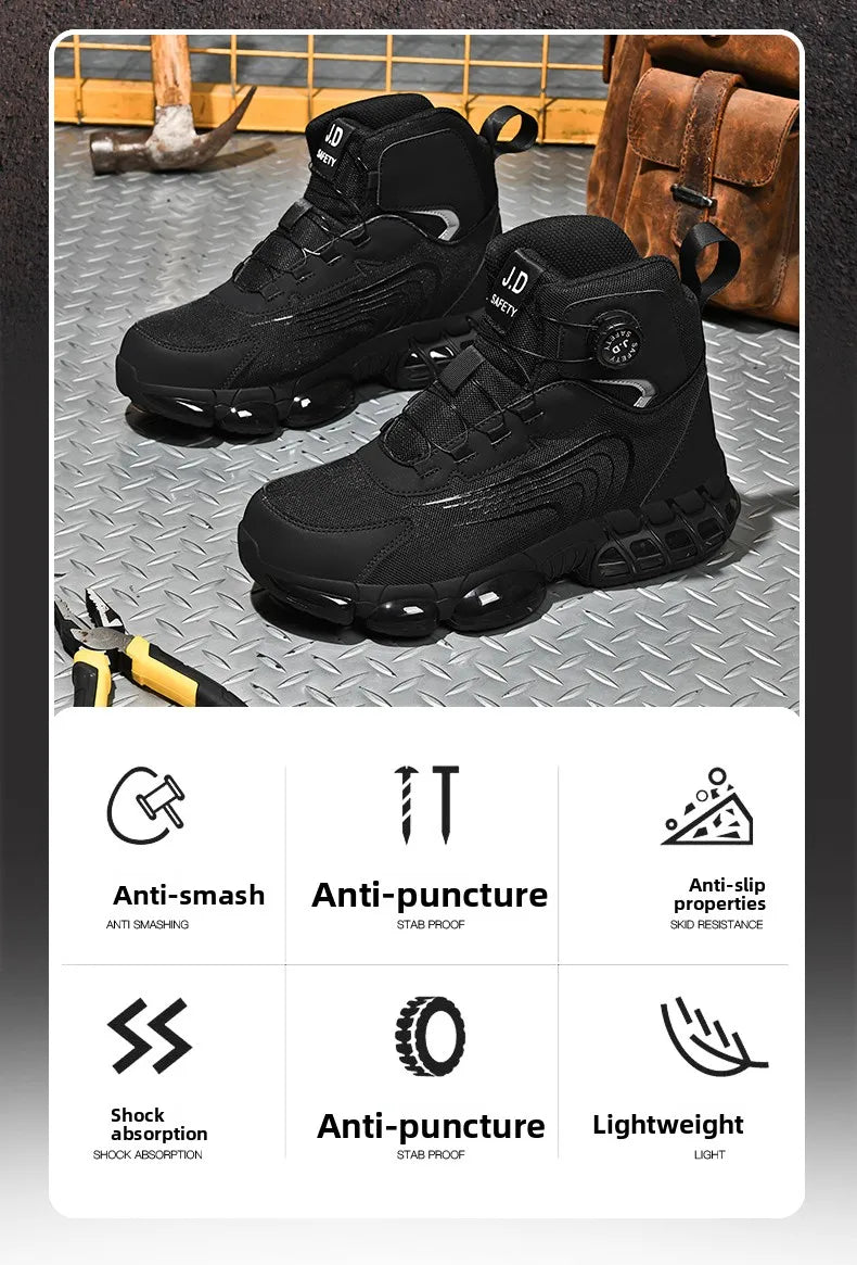 Zapatos de seguridad de caña alta para hombre con botón giratorio, resistentes a impactos y perforaciones, zapatillas de moda para hombre, calzado de seguridad profesional.