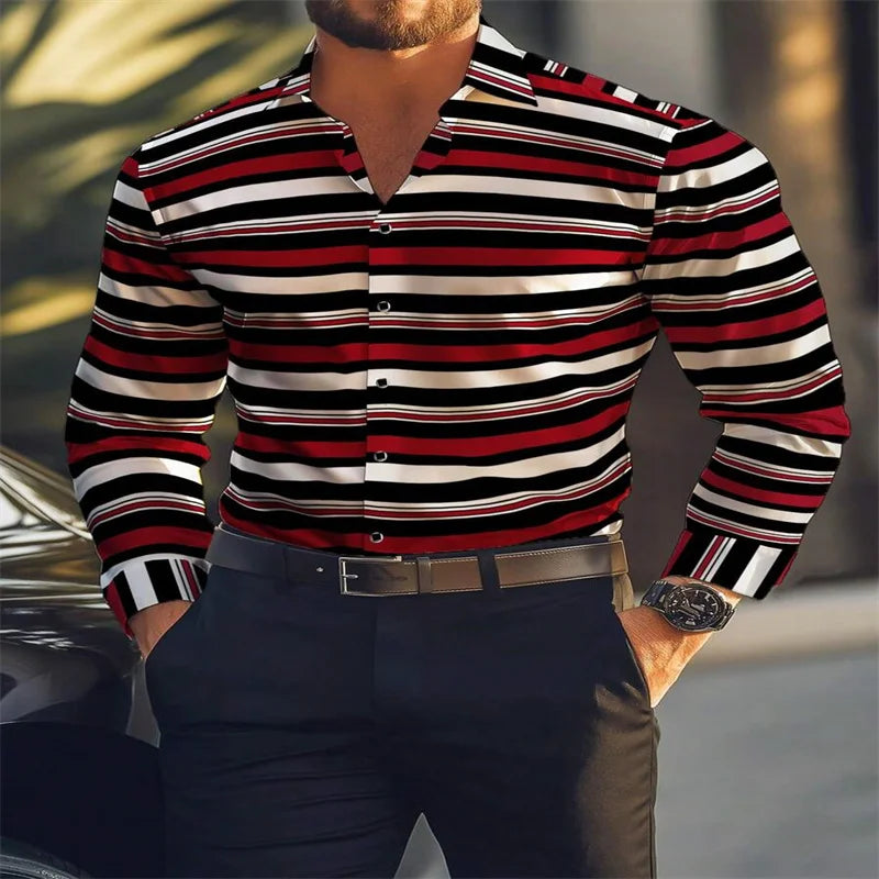 2024 new men's classic striped plaid long-sleeved shirt Men's classic red casual fashion shirt top