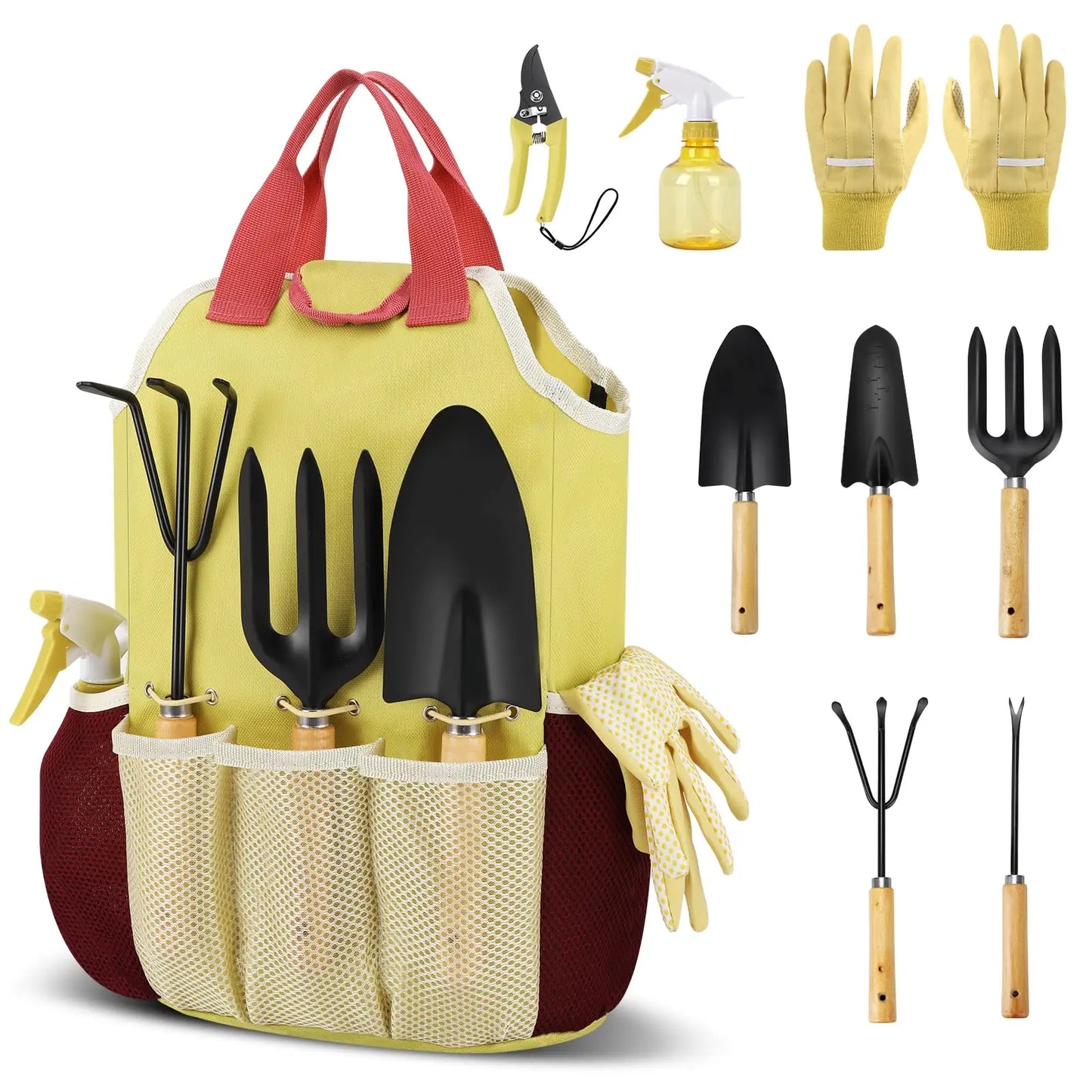 Juego completo de 10 herramientas de jardinería resistentes, con agarre de goma antideslizante, bolsa de almacenamiento, pala, tijeras y herramientas para exteriores.