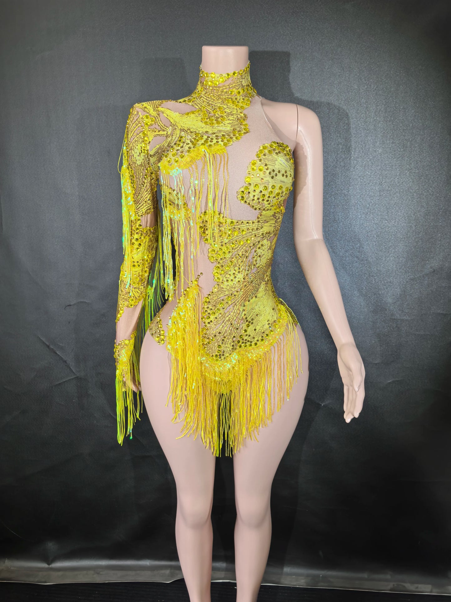 Sexy Skinny Leotard Singer Dancer Show StageWear Sparkly Blue Rhinestones Women DanceCostume Fringes One Shoulder Bodysuit 7G