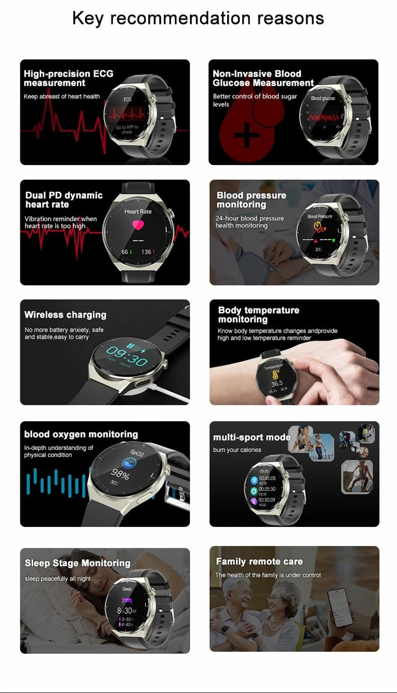 Reloj inteligente con tratamiento láser para hombres, dispositivo con ECG, PPG, frecuencia cardíaca, azúcar en sangre, monitor de salud, para Android e iOS, 2024