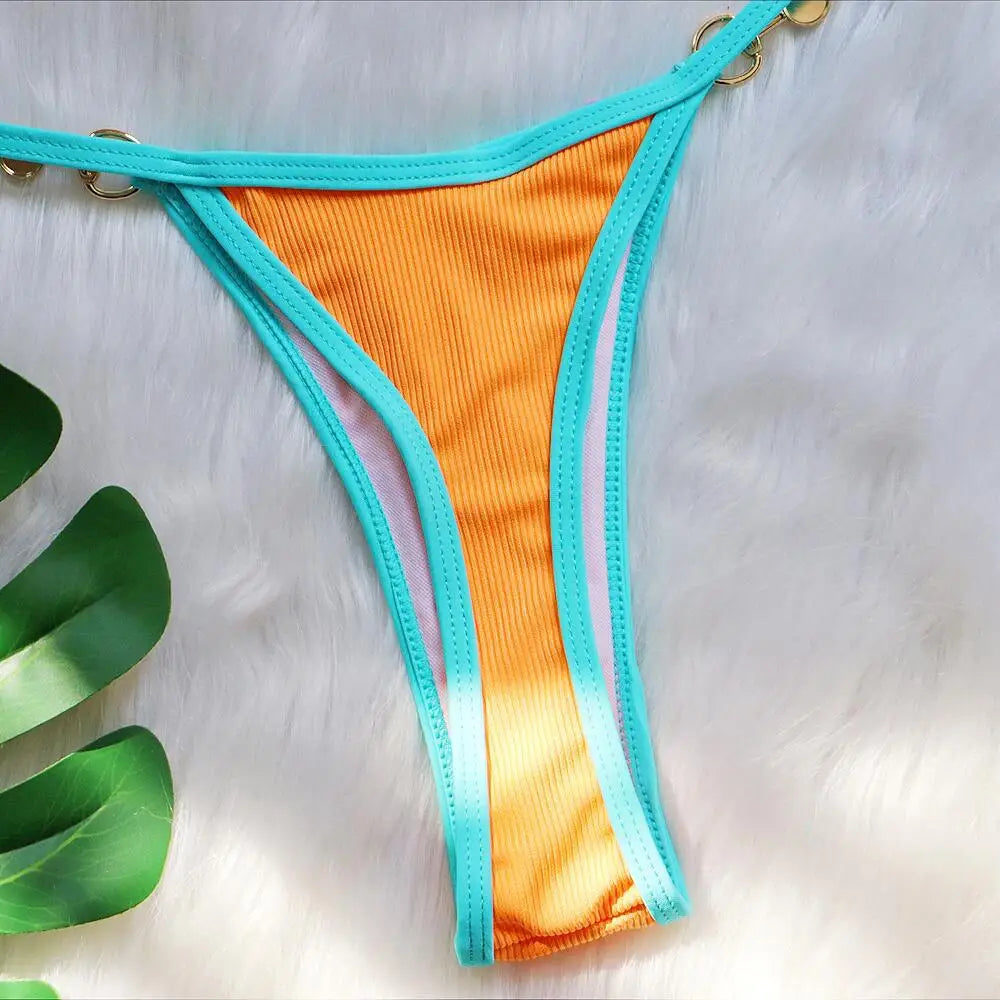 Bikini sexy con cuello halter y perlas para mujer, traje de baño femenino de dos piezas con ribete acanalado