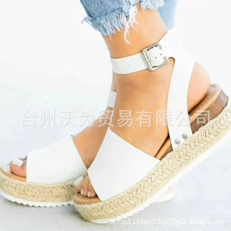 Sandalias de mujer de talla grande, estilo verano 2021, suela gruesa, diseño de hebilla y correa tejida, cómodas cuñas secas de EVA, sandalias romanas