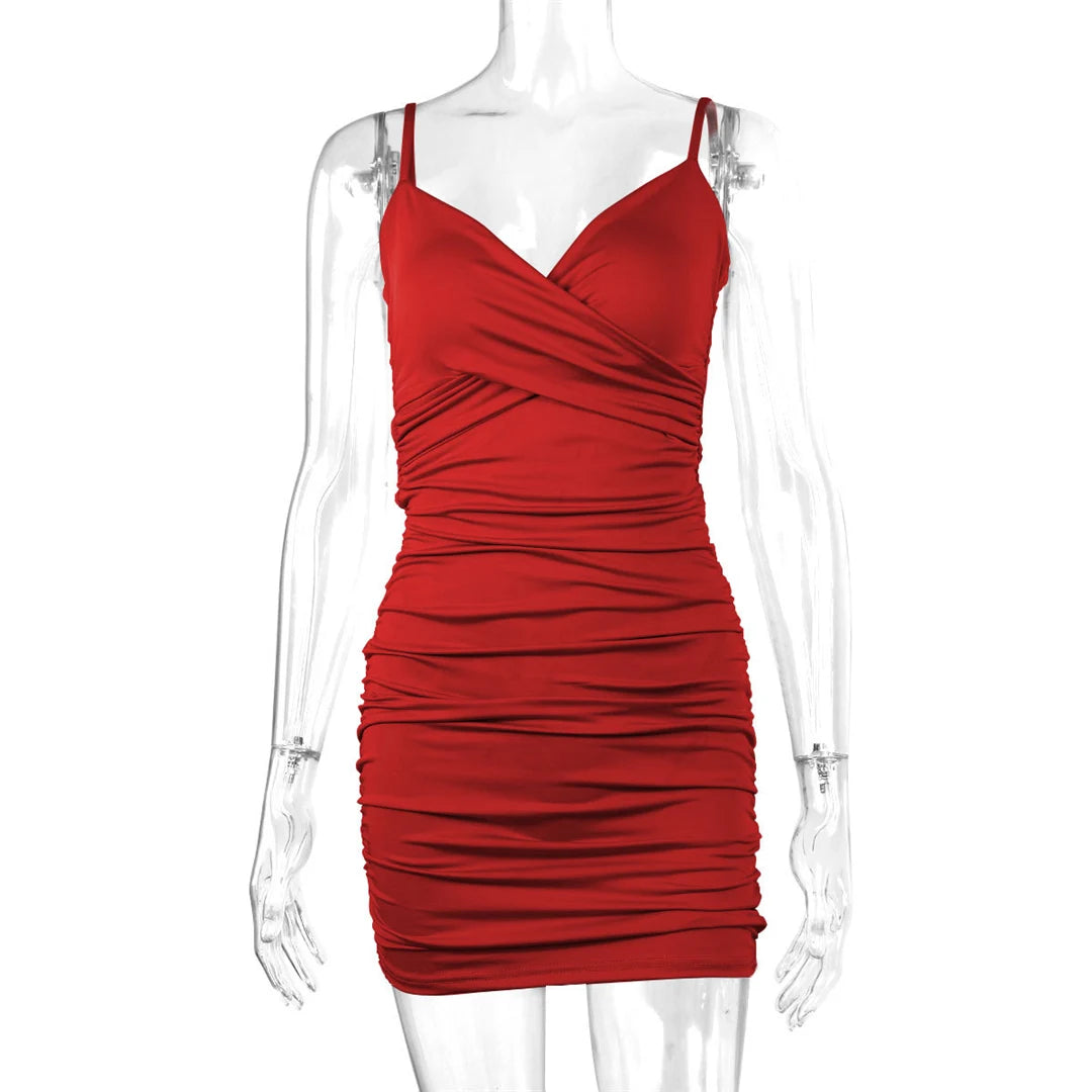 7 Color Sexy Wrinkled Pleated V Neck Sling Dress Short Club Ladies 2025 Summer Bodycon Dress Evening Party Tight Mini Dress D007
