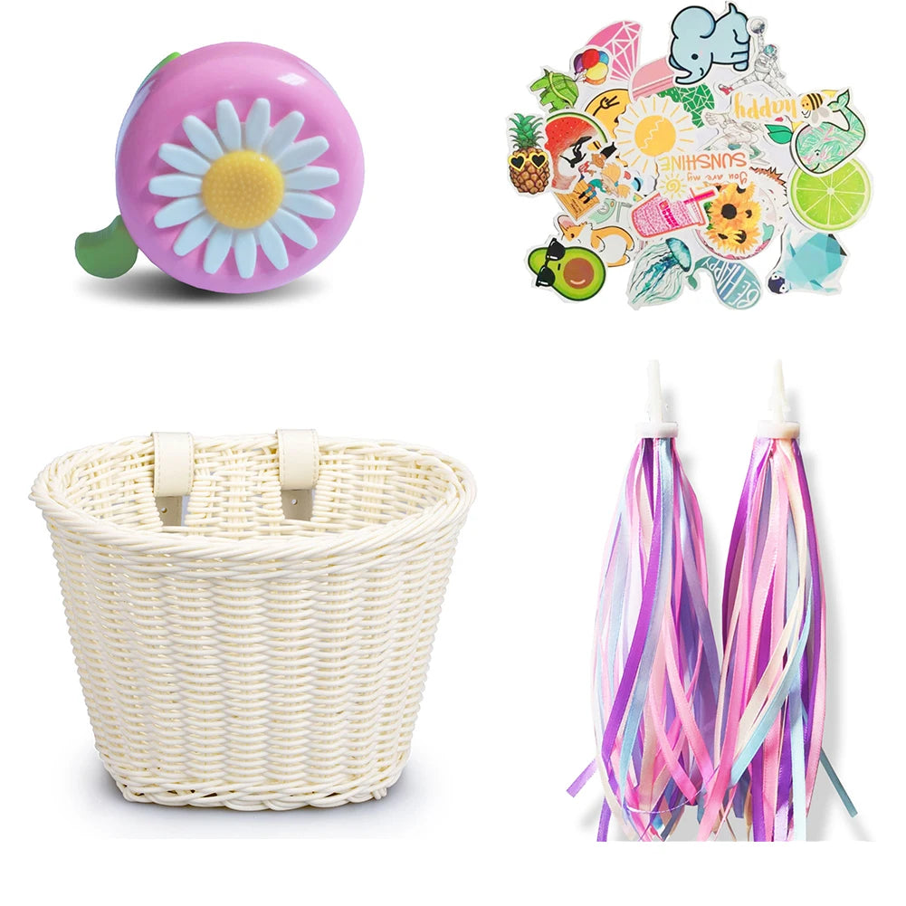 Conjunto de cesta de bicicleta para niños, timbre, borla y pegatinas. Cesta de bicicleta de ratán tejida a mano para manillar delantero. Accesorios de ciclismo.
