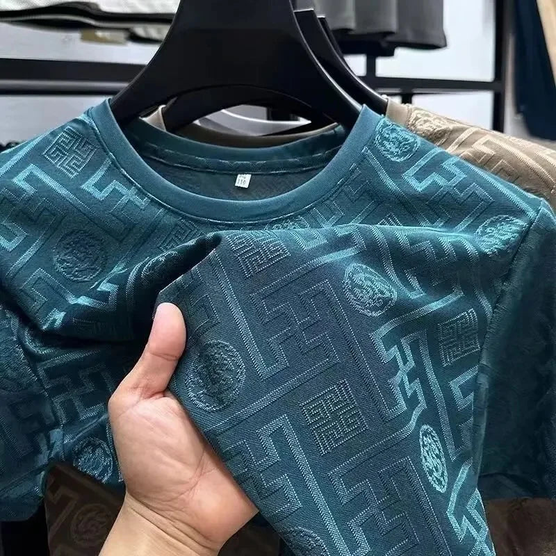 Camiseta de manga corta de seda de hielo para hombre, económica, informal, de cuello redondo, transpirable, de verano, a la moda, de media manga y cuello redondo.