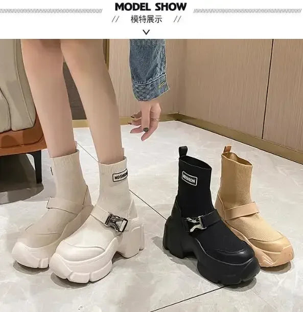 Botines de plataforma alta de 8 cm para mujer, botas cortas con suela gruesa y suela gruesa, antideslizantes, para motocicleta, para otoño