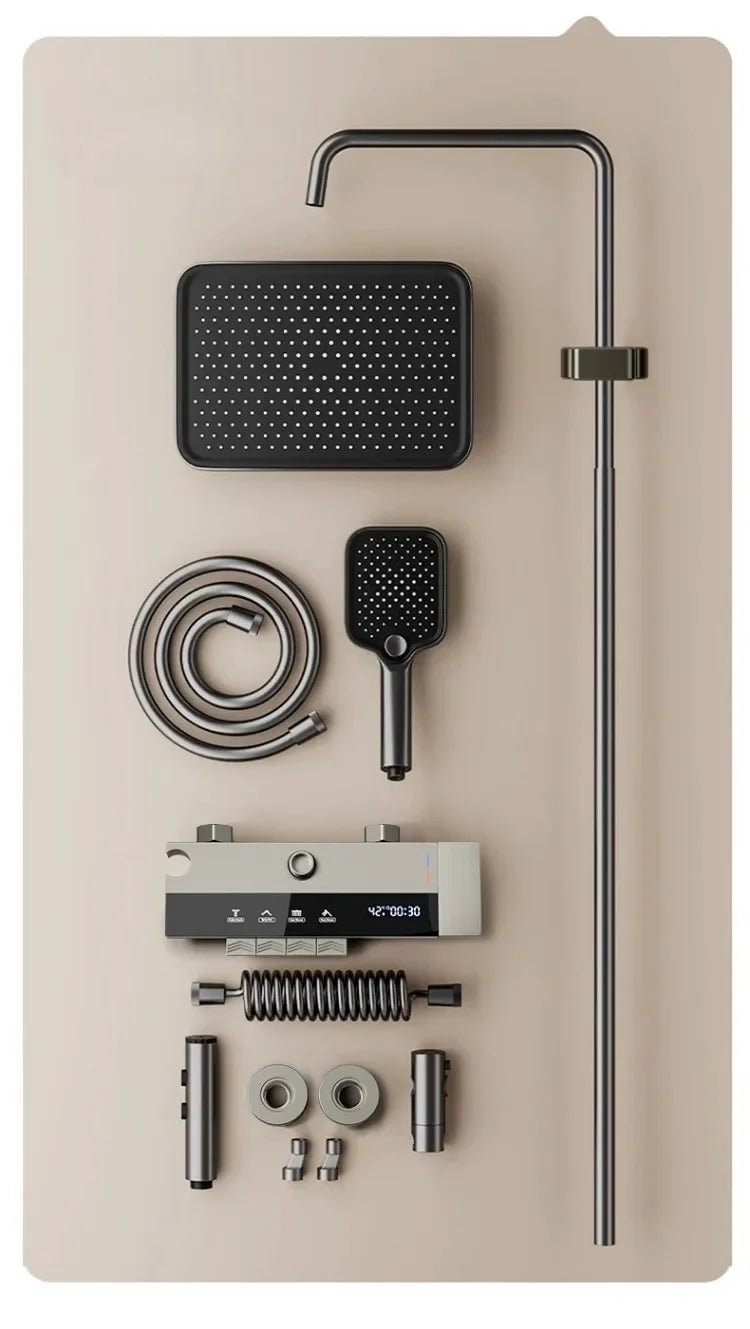 Juego de ducha gris con sistema de ducha inteligente de cuatro funciones con pantalla digital, ducha tipo lluvia a presión, grifería de pared con teclas de piano