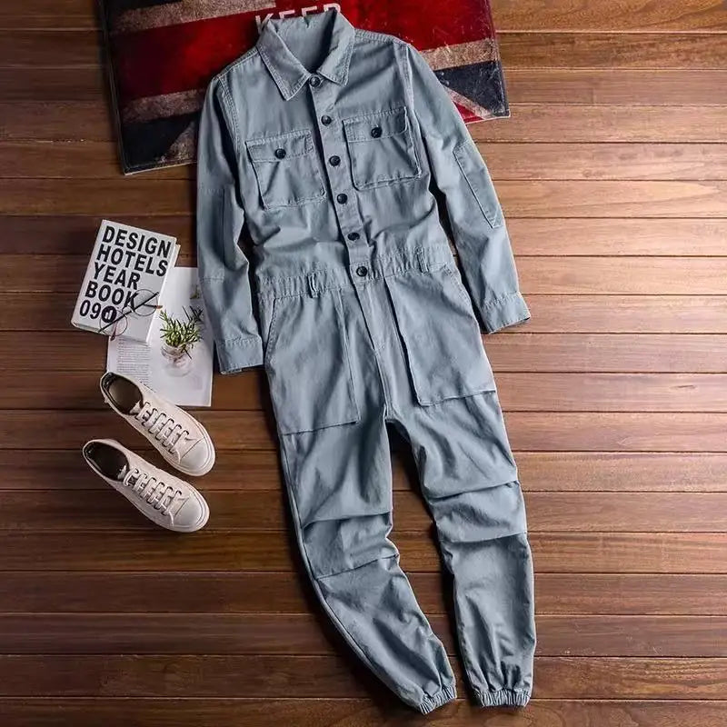 Spring Overalls Men's Jumpsuit Loose Long Sleeve Cotton Cargo Pants Black Yellow Workwear Trousers Working Uniform Rompers