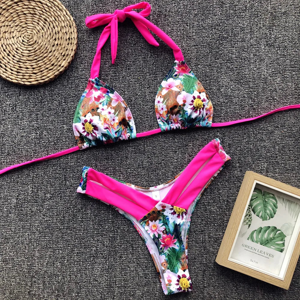 Bikini 2024 Sexy Leopardo Estampado Floral Halter Traje de Baño Traje de Baño Mujeres Bikini Conjunto Traje de Baño Playa Bikini Femenino Banadores Mujer