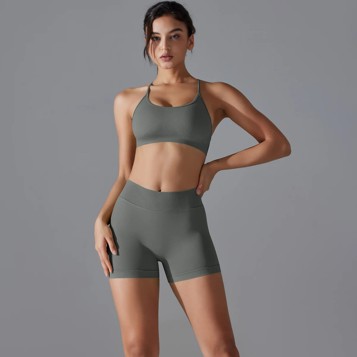 Conjunto deportivo de yoga, mallas de gimnasio de secado rápido, tirantes cruzados con absorción de impactos, pantalones cortos de ciclismo para mujer, entrenamiento de yoga.