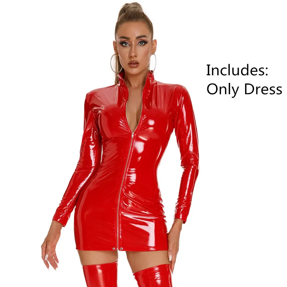 Women Sexy PVC Leather Dress with Stockings Gloves Shiny Latex Bag Hip Skirt Breast Exposing Porno Mini Dress
