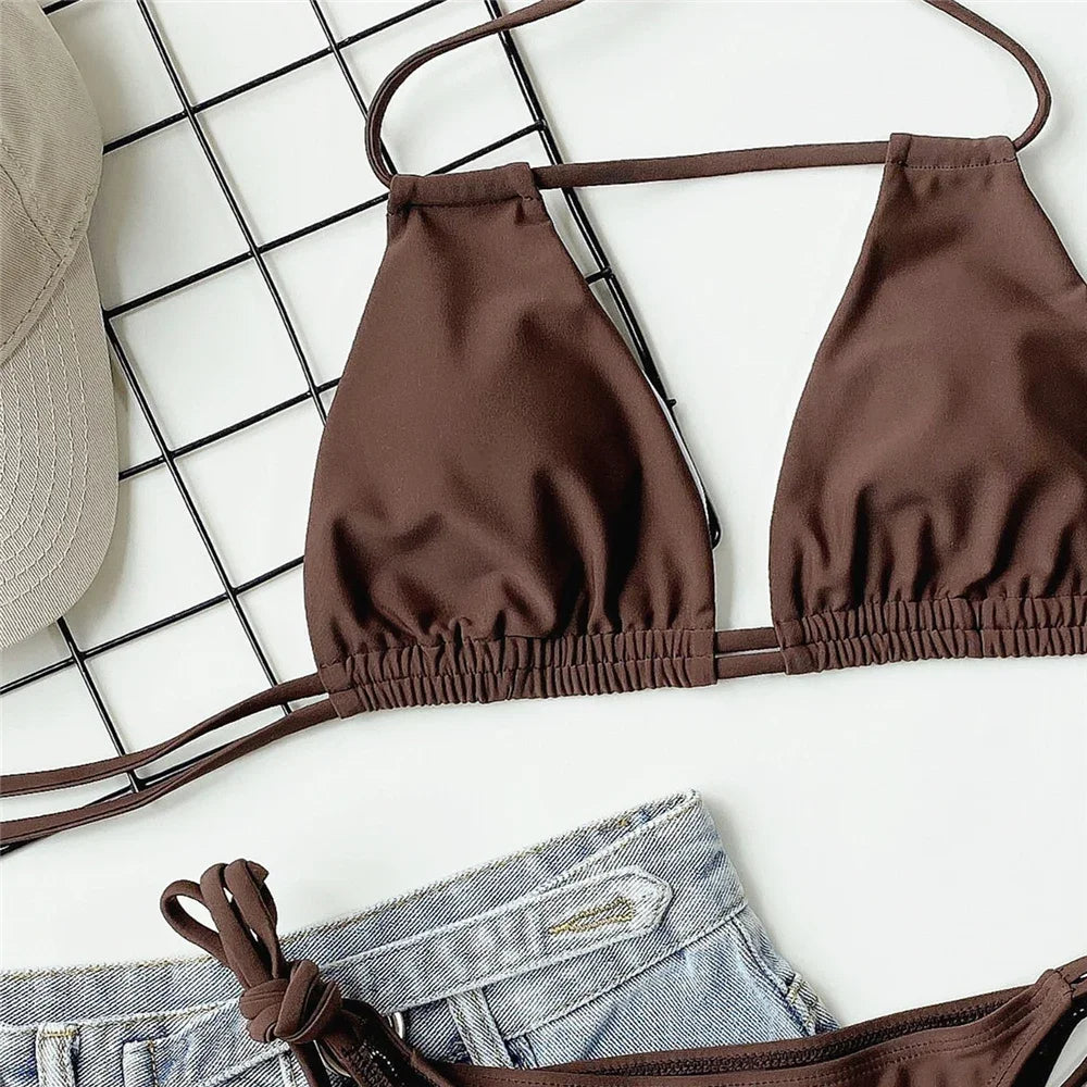Conjunto de bikini micro con tanga y cuello halter para mujer, traje de baño sexy con cordones y aberturas, bikinis 2025