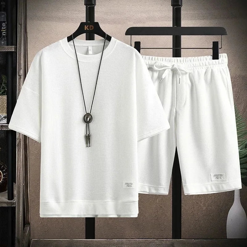 Conjunto deportivo informal de verano para hombre, pantalones cortos de manga corta con cordón, pantalones holgados de cinco cuartos, traje fino de dos piezas para hombre