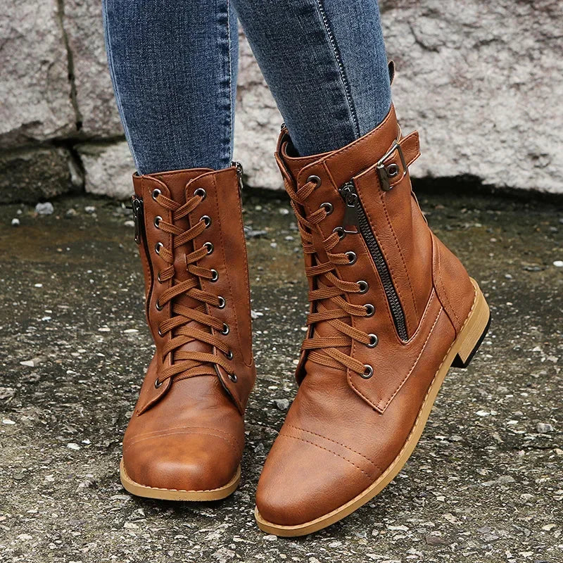 Botines de tacón cuadrado para mujer, botas de trabajo cortas de piel sintética para otoño e invierno, botas elásticas con cordones de talla grande para mujer 2024
