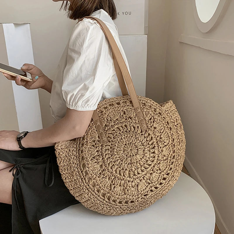 Bolsos de paja redondos de verano para mujer, bolso de hombro de ratán, bolso de playa tejido a mano para viaje, bolso de mano femenino de gran capacidad