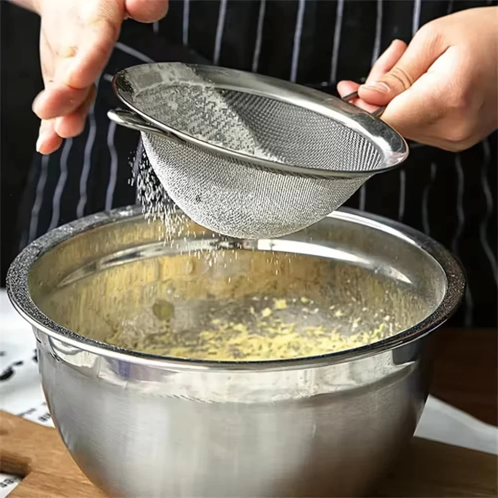 Filtro de malla de acero inoxidable con cuchara ranurada, esencial para la cocina, paquete de 3, colador de alimentos finos con mango largo para cocinar