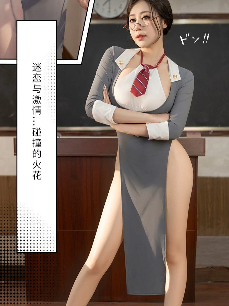 Porno Role Playing Teacher Uniform Temptation Halter Dress Sexy Lingerie Temptation High Waist Side Slit Cosplay Costumes 2025