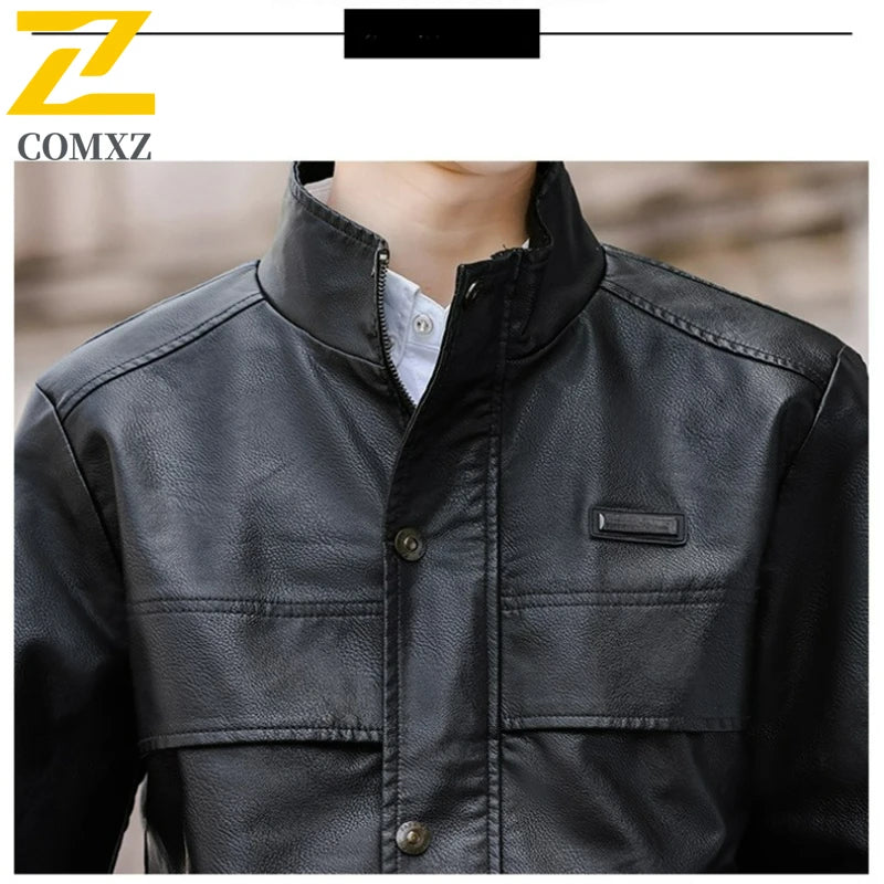 Chaqueta de piel sintética para hombre, otoño 2025, moderna, con cuello alto de forro polar, de piel sintética, resistente al viento, para motocicleta, ropa de abrigo.