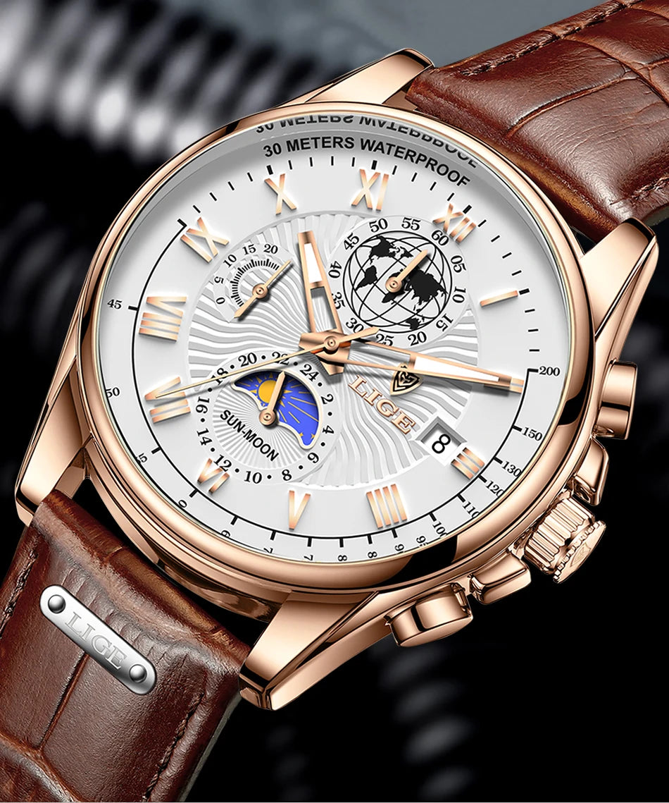 LIGE 2024 - Nuevo reloj de cuero azul para hombre, marca de lujo, resistente al agua, deportivo, con fecha, de cuarzo, Masculino