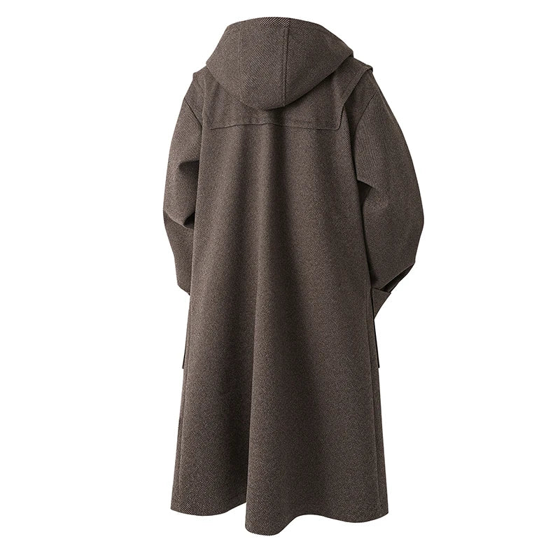 Autumn Men Thick Hooded Trench Coat Men Korean Wool Blends Overcoat Men Casual Horn Button Woollen Coat Black Warm Loose Coat