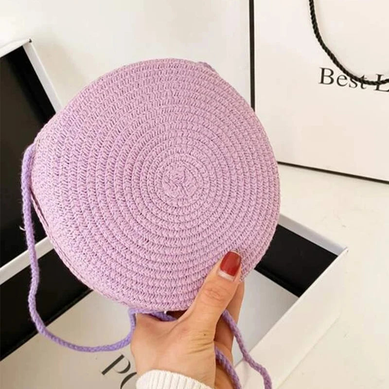 Bolso redondo de paja para mujer, tejido a mano, tipo bandolera, para playa, bonito bolso de mano pequeño de ratán tejido a mano, de color caramelo