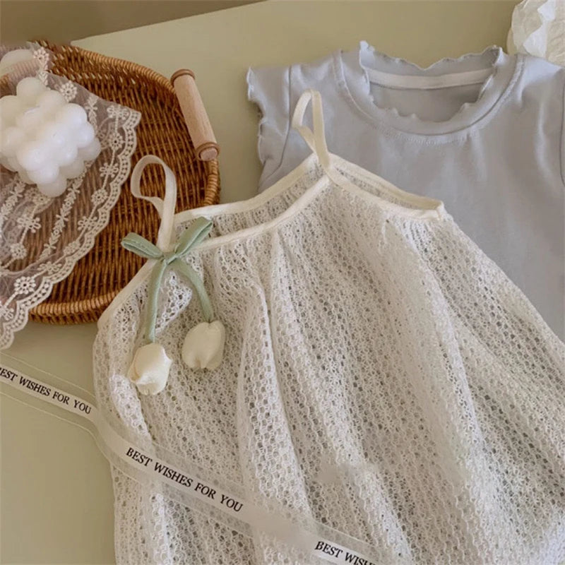 Ropa para niños 2025, conjunto de ropa azul + camisola, falda, chaleco de tulipán, falda de punto, versión coreana, conjunto para bebé con estilo