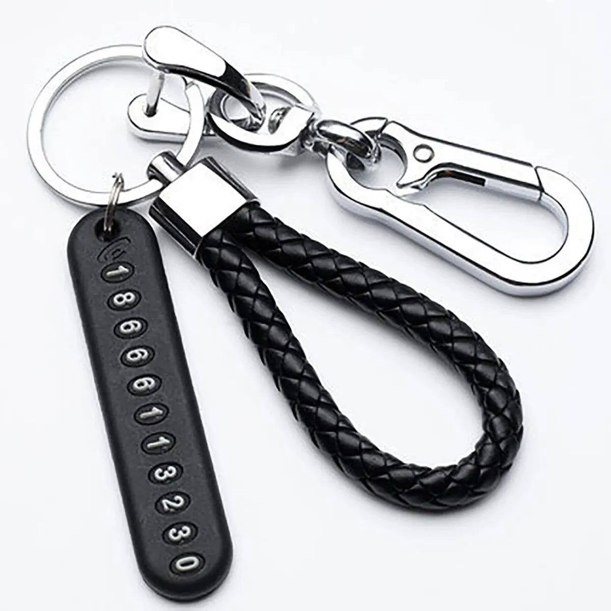 Llavero con colgante de placa de número de teléfono móvil DIY para hombre, estilo punk, cuerda de cuero tejida simple, antipérdida, accesorio para llavero de coche.
