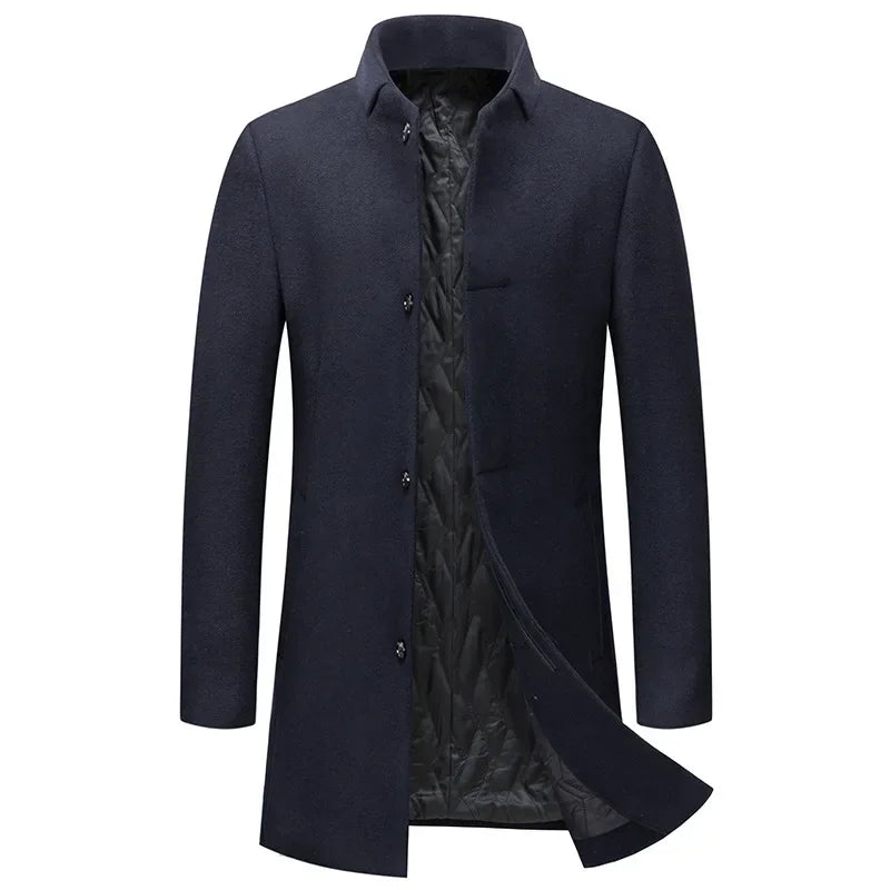 Black Men Wool Long Trench Coat Stylish Single Breasted Quilted Lined Wool Blend Pea Coats Men Winter Cashmere Coat Windbreaker